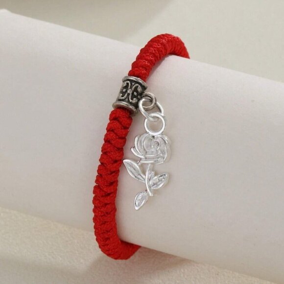 Silver Rose Charm Bracelet Red Textile Double Pull Mother Display Card - Picture 3 of 5